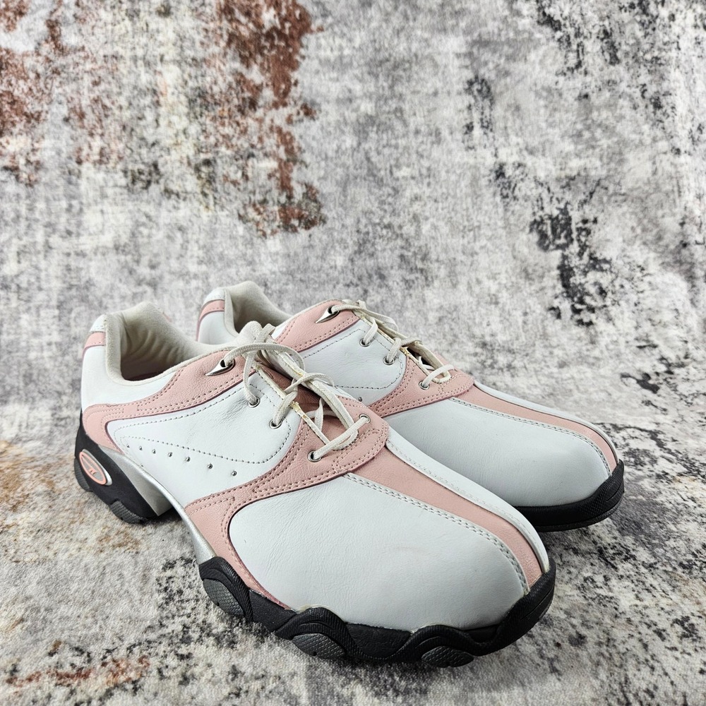 Hi‎ Tec Golf Shoes Womens 10 White Pink Leather Spikes Comfort CDT Power Saddle